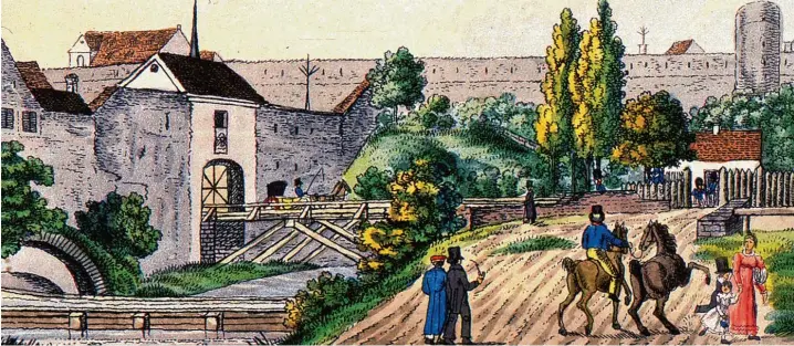 ?? Fotos: Sammlung Häußler ?? Um 1820 gezeichnet: Der Maler stand auf der heutigen Bert Brecht Straße und blickte in Richtung St. Stephan. Die am Hang verlaufend­e Stadtmauer ist noch erhalten.
