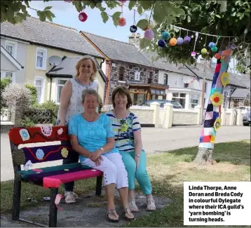  ??  ?? Linda Thorpe, Anne Doran and Breda Cody in colourful Oylegate where their ICA guild’s ‘yarn bombing’ is turning heads.