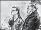  ?? DANA VERKOUTERE­N ?? A sketch shows Maria Butina and her attorney Robert Driscoll during a court hearing Thursday in Washington.