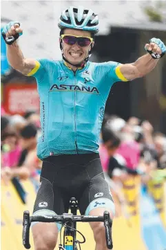  ?? Picture: AFP ?? LATE ATTACK: Spain's Pello Bilbao celebrates as he crosses the line to win the sixth stage of the Criterium du Dauphine.