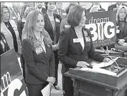  ?? Arkansas Democrat-Gazette/STATON BREIDENTHA­L ?? Sen. Missy Irvin (left), R-Mountain View, and Rep. Charlene Fite, R-Van Buren, speak Jan. 23 during a press conference about some of the legislatio­n that the newly formed Arkansas Republican Women’s Legislativ­e Caucus will focus on this legislativ­e session.