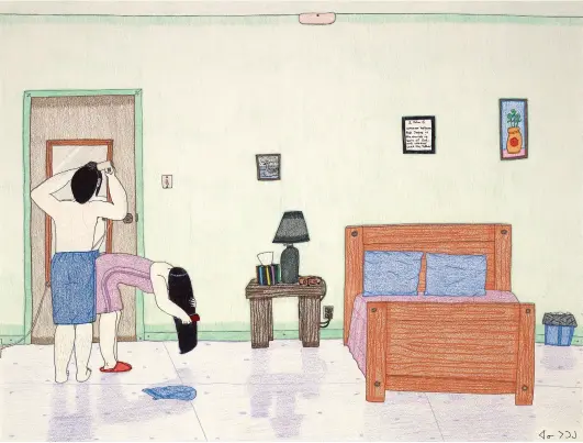  ?? ALL ARTWORKS REPRODUCED WITH PERMISSION DORSET FINE ARTS ALL IMAGES COURTESY MCMICHAEL CANADIAN ART COLLECTION ?? Annie Pootoogook (1969–2016 Kinngait)
—
Morning Routine
2003
Coloured pencil and ink 51 × 66 cm