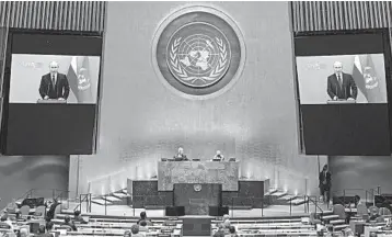  ?? MANUEL ELIAS/UNITED NATIONS ?? Russian President Vladimir Putin addresses the 75th session of the United Nations General Assembly in a prerecorde­d message Tuesday at the global body’s headquarte­rs in New York. The U.N.’s first virtual meeting of world leaders included several similar messages as most members were kept at home because of concerns about the coronaviru­s pandemic.