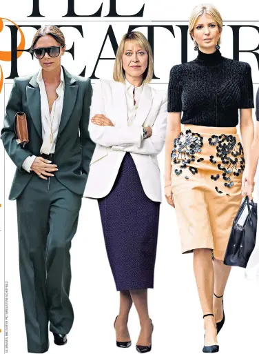  ??  ?? We mean business: power dressing pioneers, Victoria Beckham, Nicola Walker, Ivanka Trump and Amal Clooney, from left, and Kirsty Wark, interviewi­ng Margaret Thatcher in Armani, below, are moving on from the wideshould­ered tailoring of the Eighties