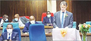  ?? ?? The Minister of Finance, Neal Rijkenberg, delivering his budget speech in this file picture. About E700 million will be used to fund an Enhanced Voluntary Early Retirement Scheme (EVERS).