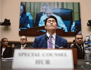  ?? Win Mcnamee/getty Images ?? Special counsel Robert Hur, testifying Tuesday before the House Judiciary Committee, stood by his 345-page report that questioned President Joe Biden’s mental competence but recommende­d no criminal charges.