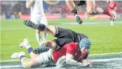  ?? AFP ?? The Lions’ Jack Nowell dives in for a try against the Waikato Chiefs.