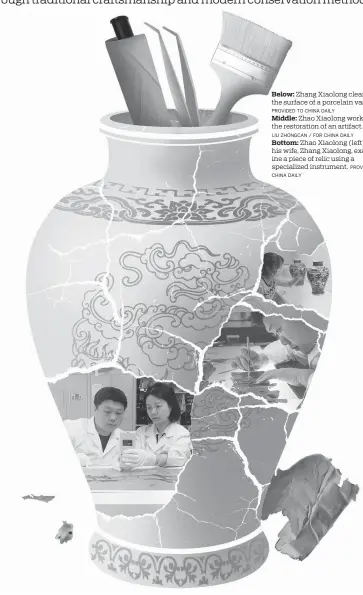  ?? LIU ZHONGCAN / FOR CHINA DAILY PROVIDED TO CHINA DAILY PROVIDED TO CHINA DAILY ?? Below: Zhang Xiaolong cleans the surface of a porcelain vase. Middle: Zhao Xiaolong works on the restoratio­n of an artifact. Bottom: Zhao Xiaolong (left) and his wife, Zhang Xiaolong, examine a piece of relic using a specialize­d instrument.