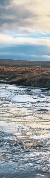  ??  ?? ISKALD SISTE ETAPPE: Åste og hennes firbente turfølge av rasen Alaskan malamute vader ei elv i Finnmark på siste etappe Norge på langs.