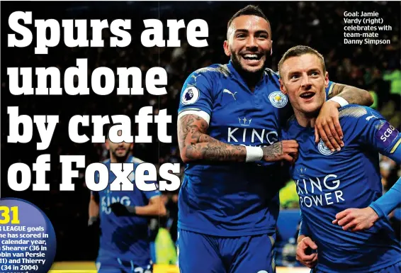  ??  ?? Goal: Jamie Vardy (right) celebrates with team-mate Danny Simpson