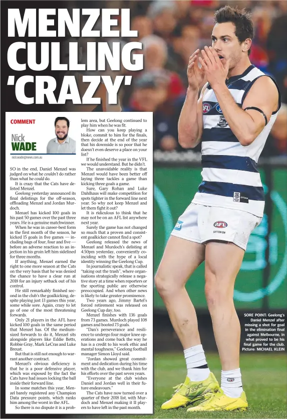  ??  ?? SORE POINT: Geelong's Daniel Menzel after missing a shot for goal in the eliminatio­n final against Melbourne, in what proved to be his final game for the club. Picture: MICHAEL KLEIN