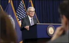  ?? ASSOCIATED PRESS ?? Federal Reserve Board chair Jerome Powell speaks on March 20 during a news conference at the Federal Reserve. The Federal Reserve on Wednesday released minutes from its March meeting, when it kept its key short-term interest rate unchanged for a fifth straight time.