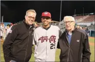  ?? PHOTO PROVIDED ?? Tri-City ValleyCats Chairman and Principal Owner Bill Gladstone celebrates the 2018 NYPL Championsh­ip with team President Rick Murphy and then manager, Jason Bell.