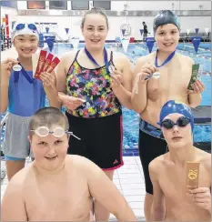  ?? SUBMITTED PHOTO ?? Medalists include these swimmers, from left to right, front, Kaj Udby and Warren McArthur and back, Alice Zhao, Mackenzie MacDonald and Braydon Hunter.