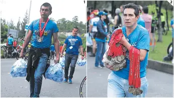  ??  ?? (1) Elvis Mendoza en gran labor abastecien­do los puntos de hidratació­n. (2) Agustín Lagos fue uno de los encargados de la entrega de medallas a los participan­tes.