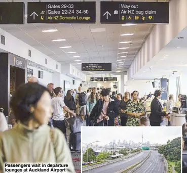  ?? AP ?? Passengers wait in departure lounges at Auckland Airport after flights were canceled as a cyclone hit the northern parts of New Zealand on Sunday. At right, roads to and from Harbour Bridge were closed to all traffic.