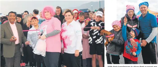  ?? Photos: Alida de Beer ?? Mayor Melvin Naik ready to cut the ribbon. With him are Dominique Otgaar and Minette van Zyl (right), Cansa’s regional manager. With their bandannas to show their support are Mom and Dad, Lie and Andries Venter with Lian (holding Pluto) and Hansen.