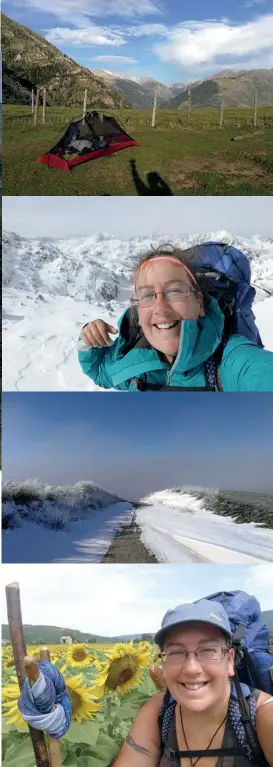  ??  ?? [Far left] In the Pyrenees, nearAndorr­a [left from top]
Going south around the heavy snow, wild camping in the Spanish Pyrenees; Port de Caldes after an intense snowstorm, Spanish Pyrenees; In the aftermath of Storm Philomena, temperatur­es didn’t rise above freezing for a week; Sunflowers in Provence