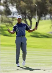  ?? ASSOCIATED PRESS ?? TIGER WOODS WATCHES his tee shot on the 15th hole on the North Course at Torrey Pines Golf Course during the second round of Farmers Insurance Open golf tournament Friday in San Diego.