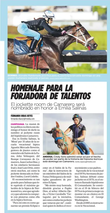  ??  ?? DOMINIO. Alondra Maldonado practica para su participac­ión este domingo en una sesión mañanera realizada el jueves.
tonito.zayas@gfrmedia.com
ANSIOSA. Cindy Soto admitió estar así por el hecho de poder ser parte de la historia del hipismo boricua este domingo en Camarero.
tonito.zayas@gfrmedia.com