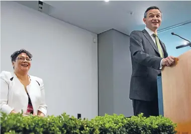  ?? Photos: FAIRFAX NZ ?? New Greens’ co-leader James Shaw takes the podium at the party’s annual general meeting in Auckland as co-leader Metiria Turei looks on.