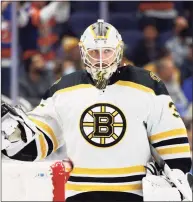  ?? Corey Sipkin / Associated Press ?? Boston Bruins goaltender Linus Ullmark (35) looks on during the second period against the New York Islanders on Dec. 16 in Elmont, N.Y. The Bruins are now the fifth team to have their season put on hold through Christmas.