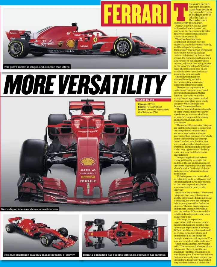  ??  ?? This year’s Ferrari is longer, and slimmer, than 2017’s New sidepod inlets are shown in head-on view The halo integratio­n caused a change in centre of gravity Ferrari’s packaging has become tighter, so bodywork has slimmed