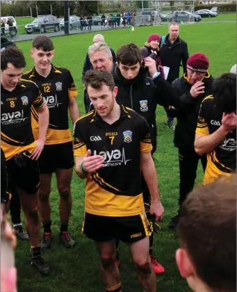  ??  ?? Fermoy’s Alan Baragry speaks to his team mates after the final whistle of the Munster Intermedia­te Football Semi Final Photo by Eamonn McGee