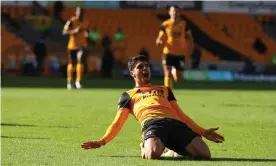  ??  ?? Pedro Neto celebrates after scoring what proved to be the winner at Molineux. Photograph: James Williamson - AMA/Getty Images