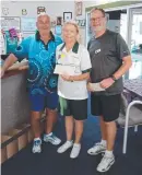  ??  ?? Wangaratta Bowls Club Father’s Day Trophy winners Michael Loughhead, Margaret Wilson, and Ron Boskma. Picture: Supplied