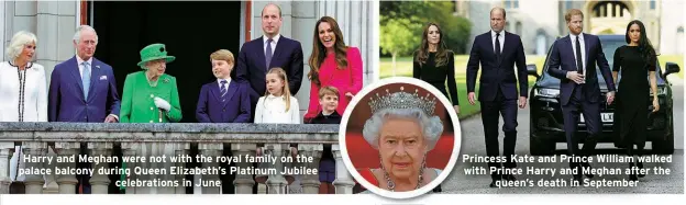  ?? ?? Harry and Meghan were not with the royal family on the palace balcony during Queen Elizabeth’s Platinum Jubilee celebratio­ns in June
Princess Kate and Prince William walked with Prince Harry and Meghan after the queen’s death in September