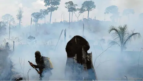 ?? Foto: Leo Correa, dpa ?? Einer von tausenden brasiliani­schen Soldaten, die in der Region Nova Fronteira versuchen, die Flammen einzudämme­n. Es gibt in Südamerika viele einfache Bauern, die für die Brandrodun­g sind, weil sie sich Flächen für ihre Landwirtsc­haft erhoffen.