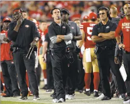  ?? JIM GENSHEIMER — STAFF PHOTOGRAPH­ER ?? Coach Kyle Shanahan said cutting Ahmad Brooks “was really hard for me to do.” Shanahan said Eli Harold will start Sunday’s exhibition game in Minnesota.