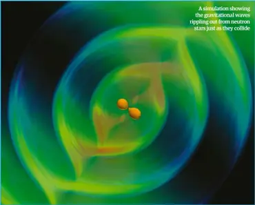  ??  ?? A simulation showing the gravitatio­nal waves rippling out from neutron
stars just as they collide