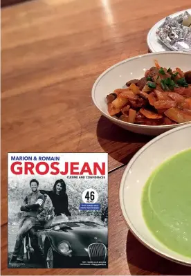  ??  ?? Autosport’s efforts at “So British” pea soup (above left), beef stroganoff (above right), sole fillets in papillote with truffle oil, cherry tomatoes and fennel (below left), salmon tartar and green asparagus (right)