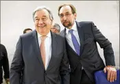  ?? SALVATORE DI NOLFI / KEYSTONE ?? U.N. Secretary-General Antonio Guterres (left) and Jordan’s Zeid Ra’ad al Hussein, the U.N. High Commission­er for Human Rights, attend a session Monday of the Human Rights Council at U.N. European headquarte­rs in Geneva.