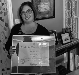  ?? CONTRIBUTE­D ?? Krista MacDonald of Springhill was recently recognized as the Municipali­ty of Cumberland’s representa­tive volunteer for 2020.