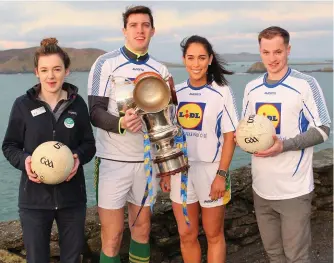  ??  ?? Kerry’s David Moran (centre) with (L to R) Susan Hickson, Assistant Manager, Lidl Dingle, Kerry and Rathmore star defender Aislinn Desmond and Comórtas chairman Pádraig Ó Sé at Slea Head, West Kerry announcing details of Comórtas Peile Páidi Ó Sé 2018,...