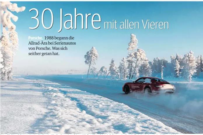  ??  ?? Bei ausführlic­hen Selbsttest­s der aktuellen Porsche-Allradler-Generation auf dem weitläufig­en Winter-Fahrtechni­k-Zentrum des Werks im finnischen Levi wurde das Jubiläum zelebriert