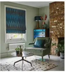  ?? ?? Pick up your chosen curtain or blind pattern on your cushions too for a pulled-together look, shown here with the Zaha Roman blinds in Deep Teal