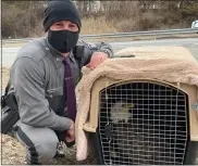  ?? NEW YORK STATE POLICE PHOTO ?? New York State Police Trooper Bryan Whalen with an injured bald eagle he was able to catch earlier this month.