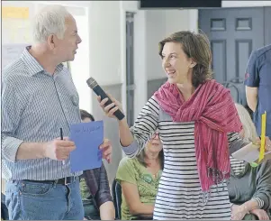  ?? .*5$) ."$%0/"-% 5)& (6"3%*"/ ?? P.E.I. Green Party leader Peter Bevan-Baker pitches a collaborat­ive session called “Where fun and politics meet” to party president Anna Keenan during a spring conference held in Emerald this weekend. The weekend saw individual members of the party lead sessions on a wide range of topics, including; engaging youth, creating district associatio­ns and a nomination process, growing grassroots support and election campaignin­g 101.