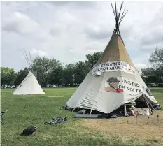  ??  ?? The original Justice for Our Stolen Children teepee in the foreground, with the new File Hills Qu’Appelle Tribal Council teepee behind.
