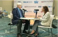  ?? (Hadassa Goldberg/Israel365) ?? CONSERVATI­VE TALK SHOW host Dennis Prager talks with Maayan Hoffman, ‘The Jerusalem Post’s deputy CEO of Strategy & Innovation, at the National Religious Broadcaste­rs conference in Orlando last week.