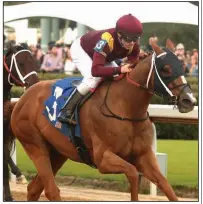  ?? (The Sentinel-Record/Richard Rasmussen) ?? Joseph Talamo guides Whitmore across the wire to win the Hot Springs Stakes on Saturday afternoon at Oaklawn in Hot Springs. Whitmore won by 21/2 lengths over Mr. Jagermeist­er.