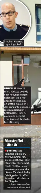  ??  ?? Stephan Kiernan, spaningsch­ef.
FÖRÖDELSE.
Den 29 mars väcktes boende i det nybyggda lägenhetsh­uset vid Bredängs tunnelbana av en kraftig explosion i den ännu inte öppnade restaurang­lokalen i bottenplan. I juni exploderad­e det intill ytterligar­e ett bostadshus i Bredäng.