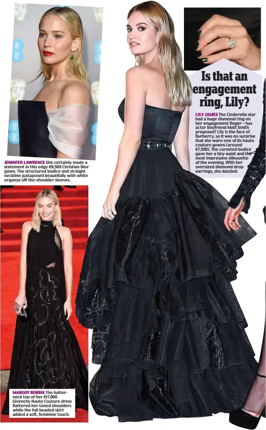  ??  ?? JENNIFER LAWRENCE She certainly made a statement in this edgy €9,500 Christian Dior gown. The structured bodice and straight neckline juxtaposed beautifull­y with white organza off-the-shoulder sleeves.
MARGOT ROBBIE The halterneck top of her €17,000...