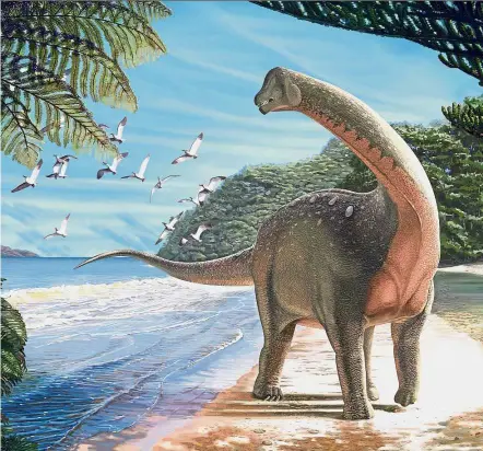  ?? — Reuters ?? Jurassic world: An artist’s impression of the Mansourasa­urus on a coastline approximat­ely 80 million years ago.