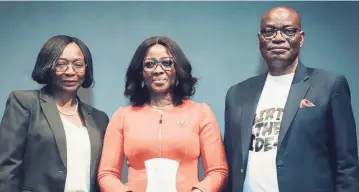  ?? PHOTO: ADEBAYO SHARON OGUNLEKE ?? Vice Chancellor, University of Lagos, Prof. Folasade Ogunsola ( left); Chief Executive Officer of Ikeja Electric Mrs. Folake Soetan and 12th Vice Chancellor, UNILAG, Prof. Oluwatoyin Ogundipe, during the Prof. Ogundipe Innovative Challenge 2.0 in Lagos.