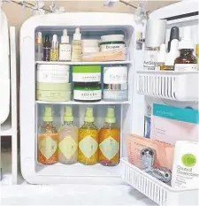  ?? @ALLMAKEUPT ?? Certain cosmetics are vulnerable to temperatur­e and light and can benefit from being kept in a fridge designed for the purpose.